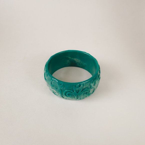 Vintage Acrylic Chunky Teal Green Faux Marble Art Nouveau Wide Bangle Bracelet - Picture 7 of 11